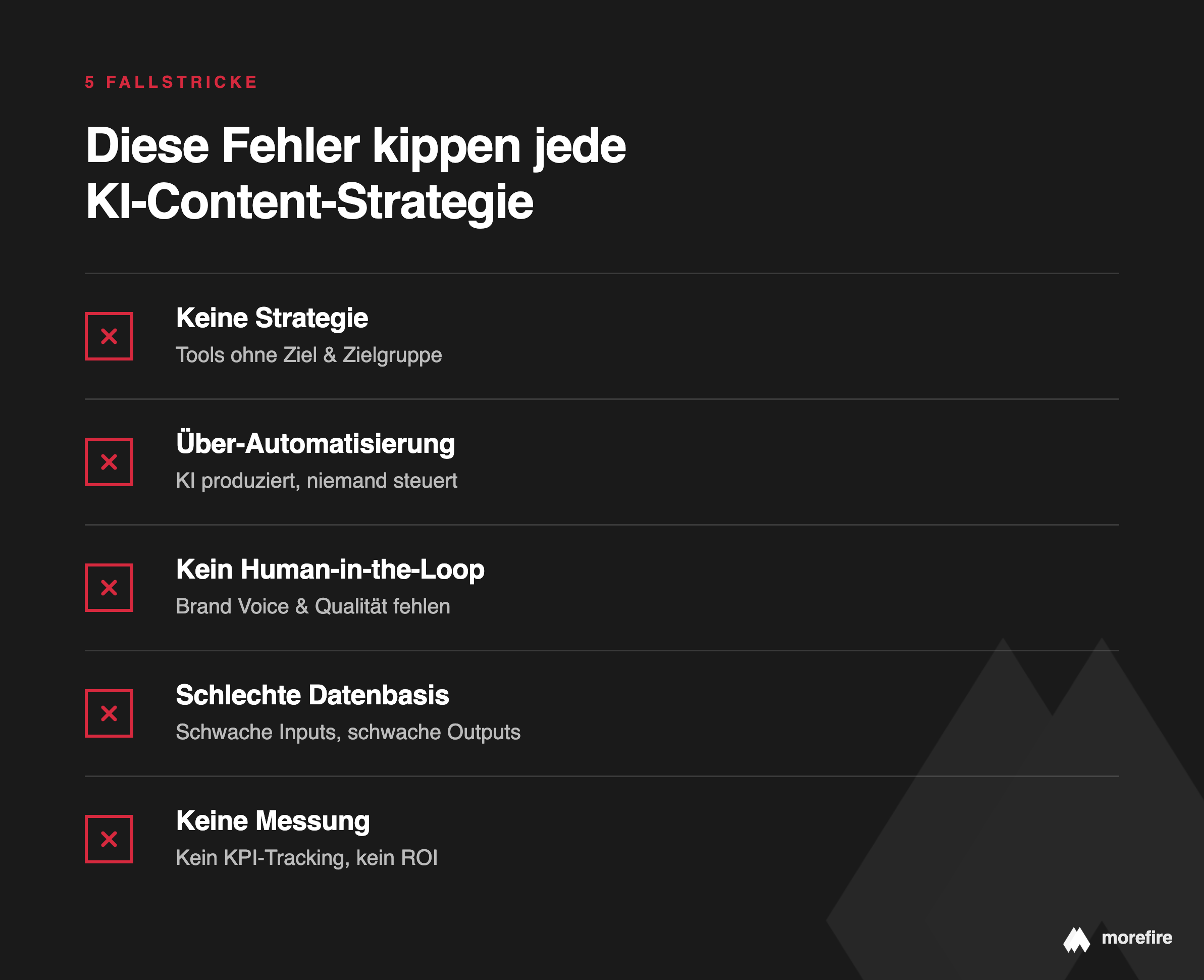 Dunkle Liste mit fünf typischen Fehlern bei KI-gestützten B2B-Content-Strategien