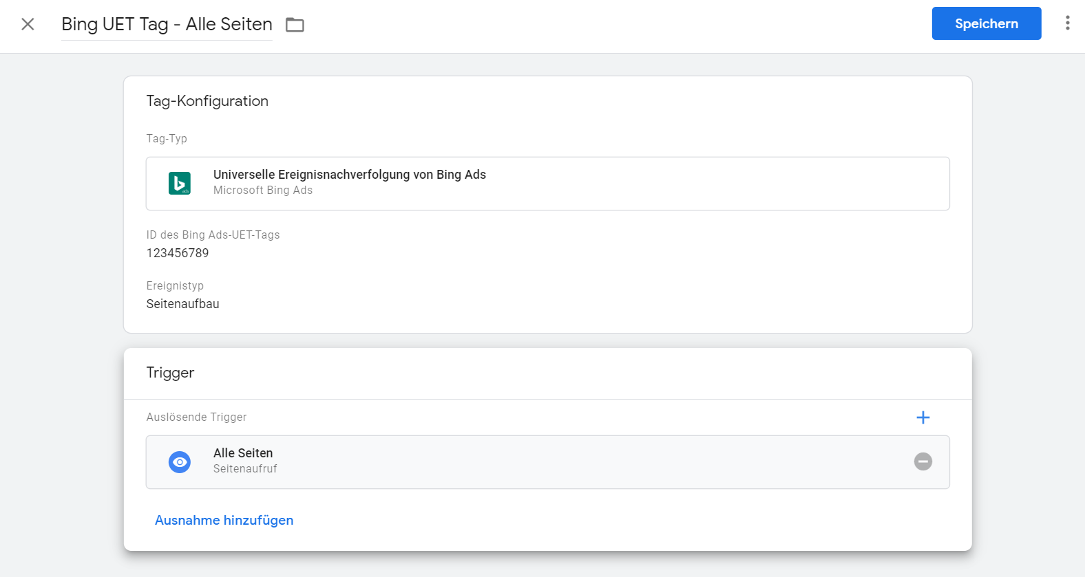 Konfiguration des Bing UET Tags für alle Seiten im Google Tag Manager