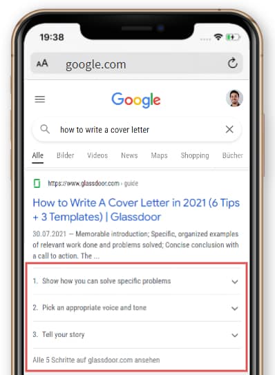 Beispiel eines Google-Suchergebnisses auf einem Mobiltelefon mit How-to-Schema