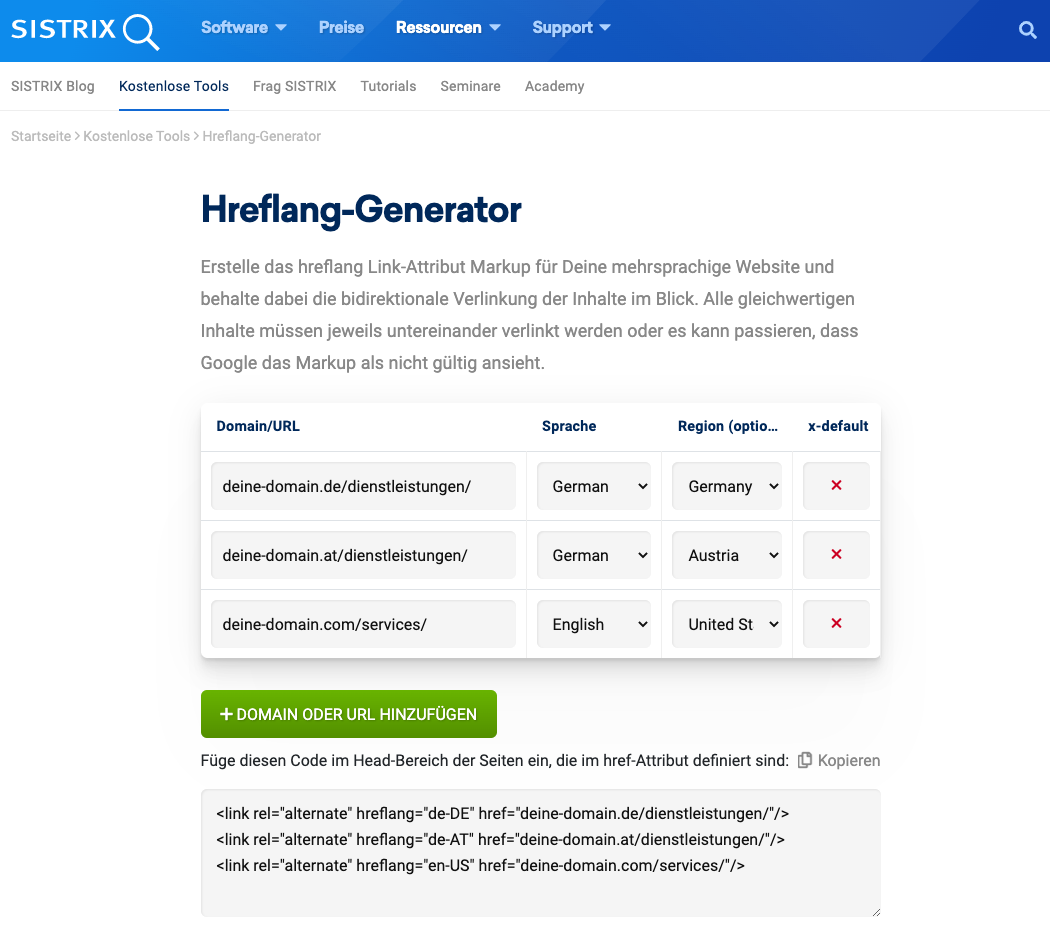 Hreflang-Generator von SISTRIX zur Erstellung von hreflang Markup für mehrsprachige Webseiten