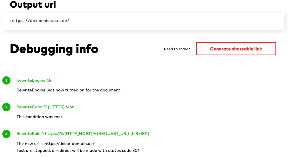 Screenshot des htaccess Testers mit der Ausgabe der getesteten Rewrite Regeln