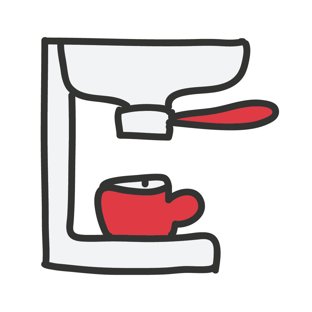 Illustration einer Kaffeemaschine mit roter Tasse, Symbol für Pausen und Genuss