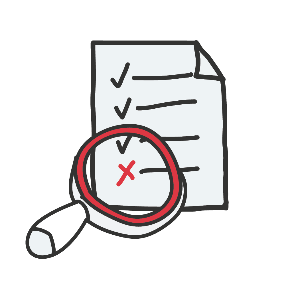 Illustration einer Checkliste mit Lupe, ein Punkt markiert
