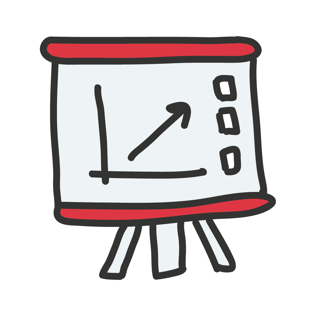 Icon eines Flipcharts mit einem Diagramm, das Wachstum und Analyse darstellt