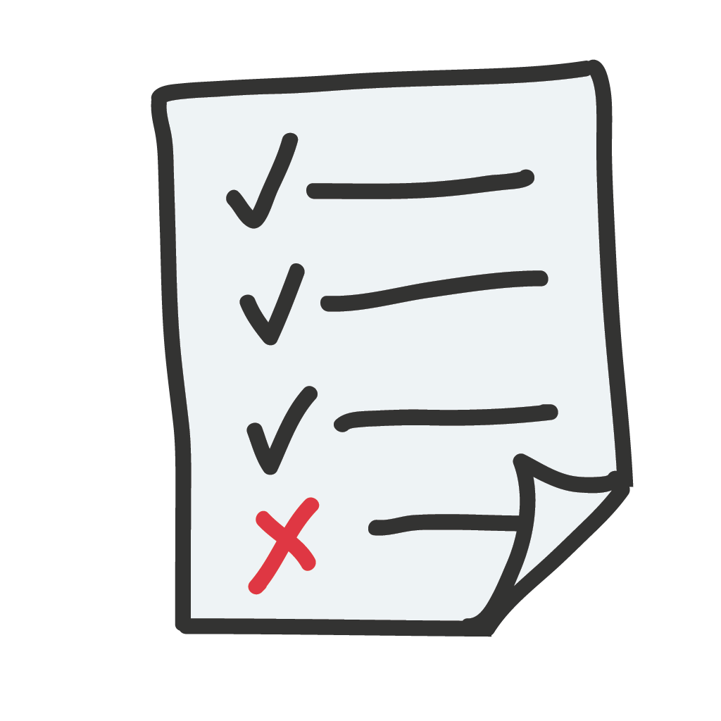 Illustration einer Checkliste mit einem markierten Fehler, steht für Qualitätskontrolle und Audits