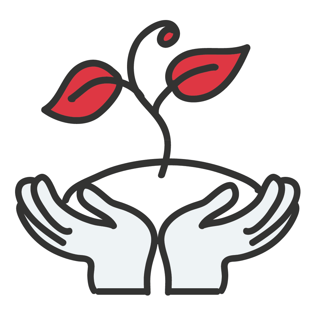 Illustration von Händen, die eine wachsende Pflanze halten, als Symbol für nachhaltige Geschäftsentwicklung