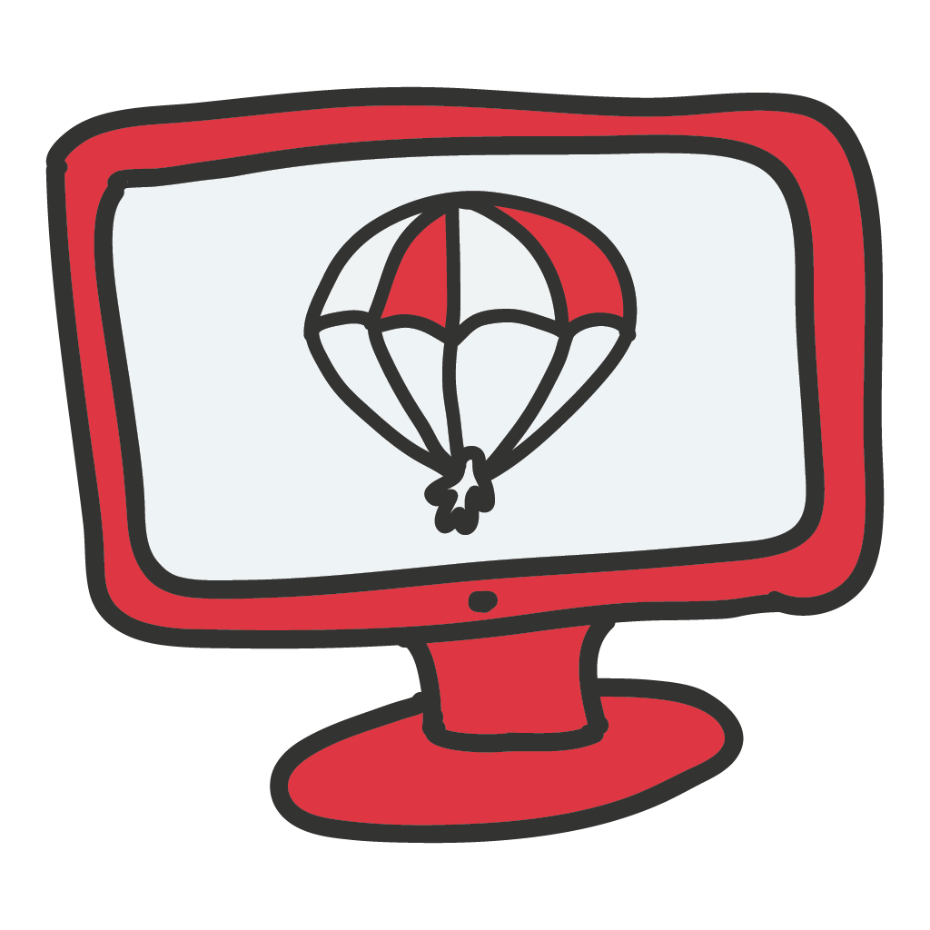 Icon eines Computerbildschirms mit einem Fallschirm, symbolisiert eine sanfte Landung auf einer Website
