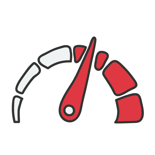 Symbol für PageSpeed-Optimierung: Tachometer mit roter Nadel auf Höchstgeschwindigkeit