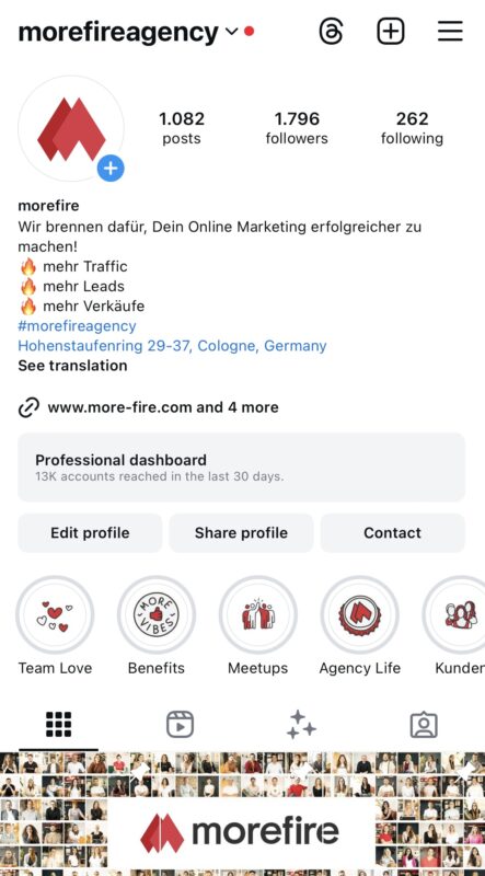 Instagram-Beitrag von morefire mit Text zu mehr Traffic, Leads und Verkäufen