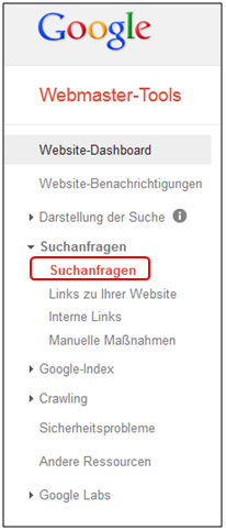 Google Webmaster-Tools Dashboard mit hervorgehobener Option 'Suchanfragen