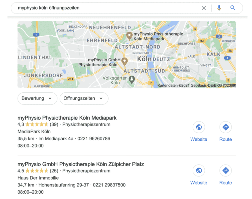 Google-Suchergebnis für myPhysio Köln Öffnungszeiten mit Kartenansicht