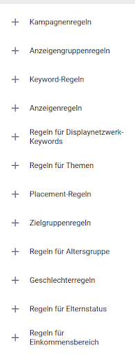 Liste von Kampagnenregeln in einer digitalen Marketingplattform-Oberfläche.
