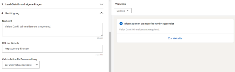 Screenshot einer LinkedIn Lead Gen Form Bestätigungsseite mit URL zur Unternehmenswebsite