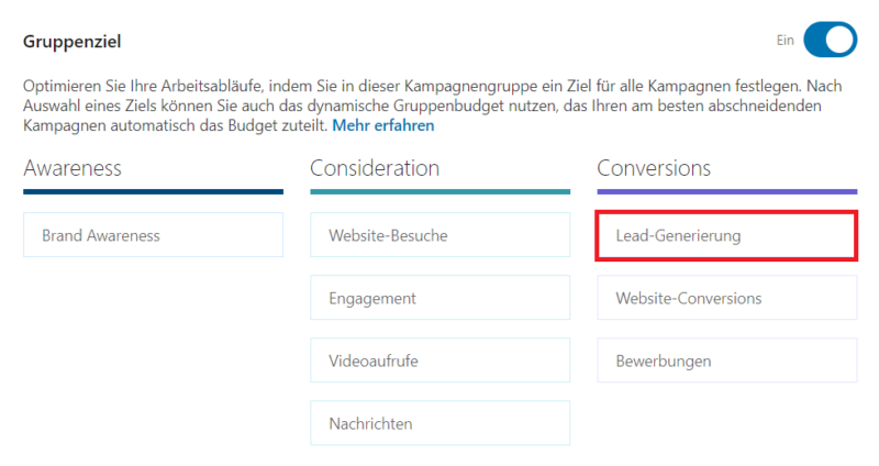 Screenshot des LinkedIn Ads Kampagnenziels für Lead-Generierung im Campaign Manager