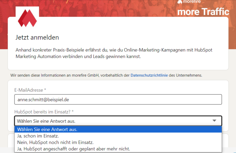
Screenshot einer LinkedIn Lead Gen Form mit Dropdown-Optionen für HubSpot-Einsatz