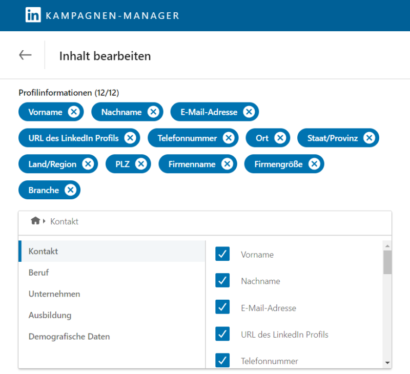 Screenshot der LinkedIn Campaign Manager-Einstellungen zur Lead-Form-Individualisierung