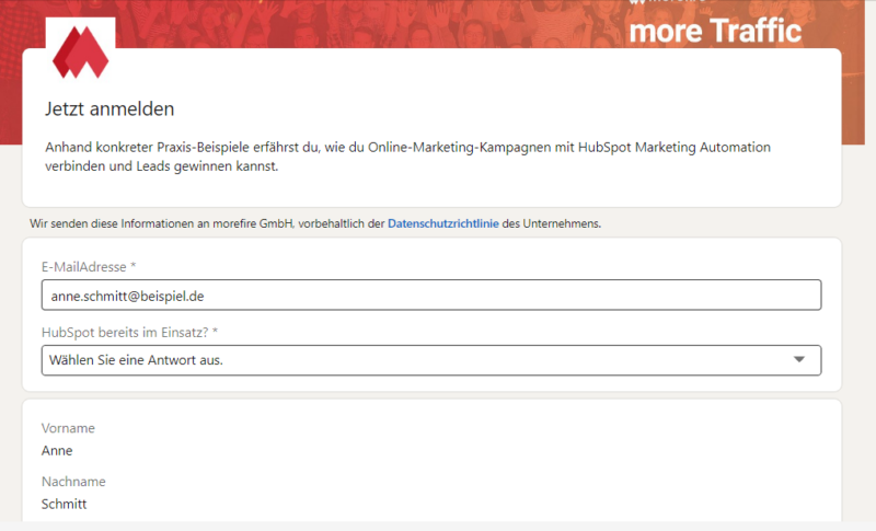 LinkedIn Lead Gen Form Beispiel mit E-Mail-Eingabefeld und Dropdown-Menü für Nutzerantworten