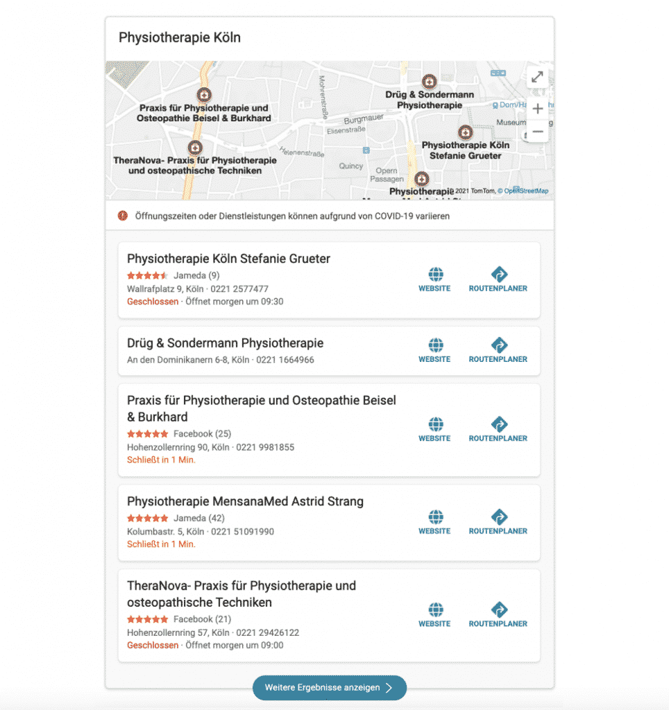 Bing Places Suchergebnisse für Physiotherapie in Köln