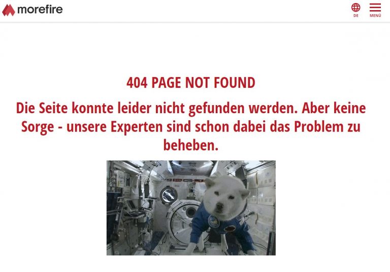 Screenshot einer 404 Fehlerseite mit einem Hund im Raumanzug