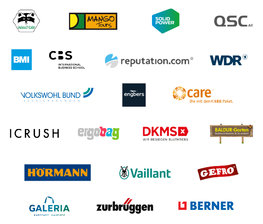 Kundenlogos von morefire-Klienten, darunter WDR, Vaillant und Engbers