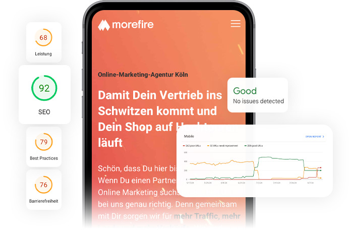 Mobile Ansicht einer Website mit SEO-Optimierung und Leistungsindikatoren