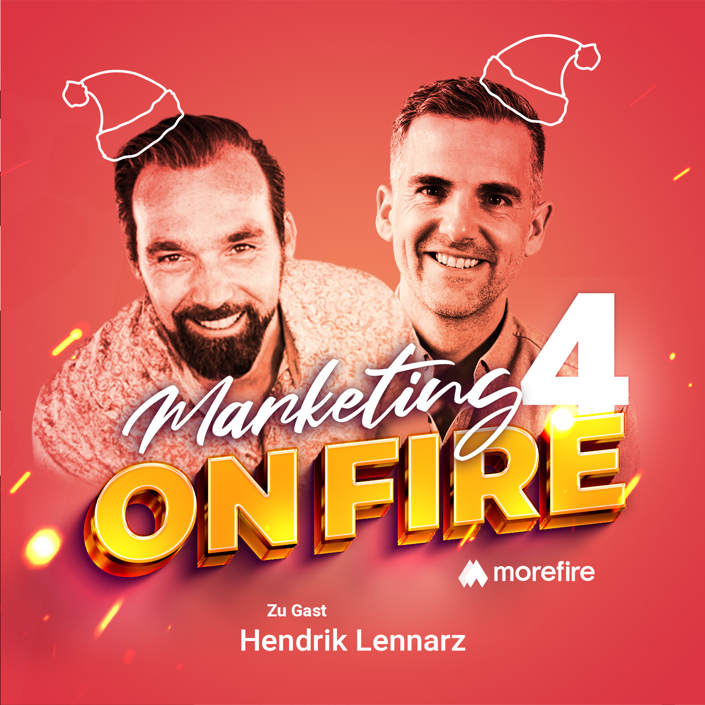 Podcast-Cover mit Robin Heintze und Hendrik Lennarz; beide mit Weihnachtsmützen auf rotem Hintergrund