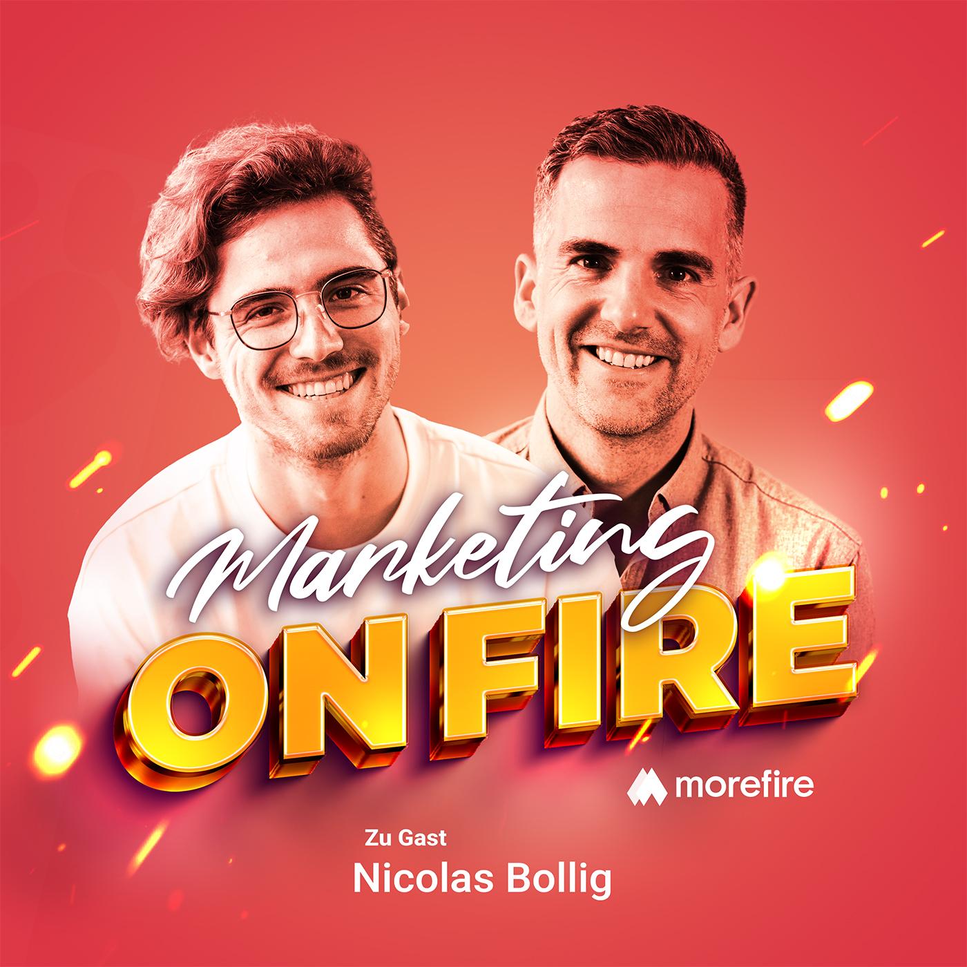 Marketing On Fire Podcast Cover mit Nicolas Bollig und Moderator