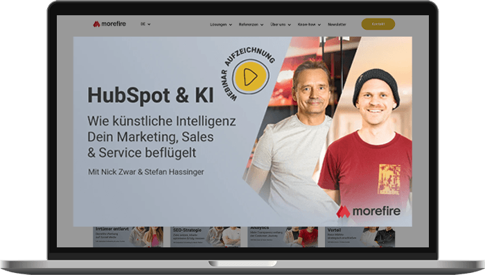 Mockup eines Webinars von morefire: 'HubSpot & KI - Wie künstliche Intelligenz Dein Marketing, Sales & Service beflügelt.