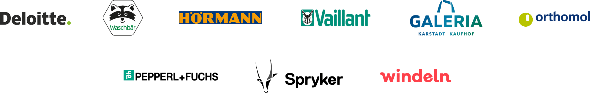 Logos unserer Kunden: Deloitte, Waschbär, Hörmann, Vaillant, Galeria Karstadt Kaufhof, Orthomol, Prophete, Spryker, Windeln.de