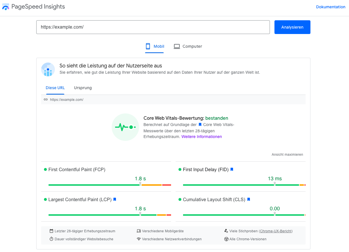 PageSpeed Insights Bewertung einer Website