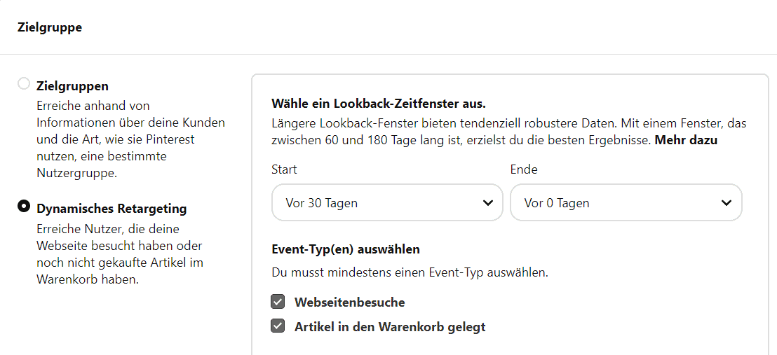 Screenshot der dynamischen Retargeting-Einstellungen bei Pinterest Ads