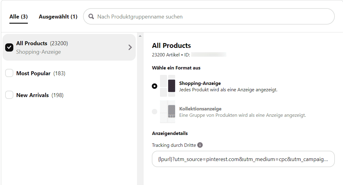 Pinterest Shopping-Anzeige: Produktkatalog mit über 23.000 Artikeln und Anzeigeoptionen.