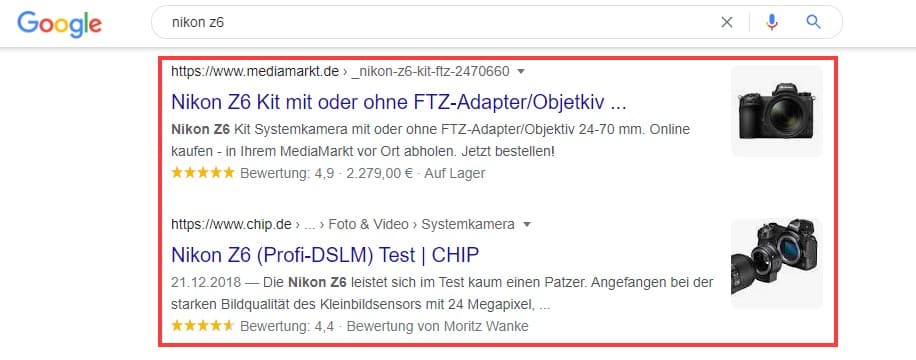 Google-Suchergebnisse für die Nikon Z6 Kamera mit Preis- und Bewertungsdetails