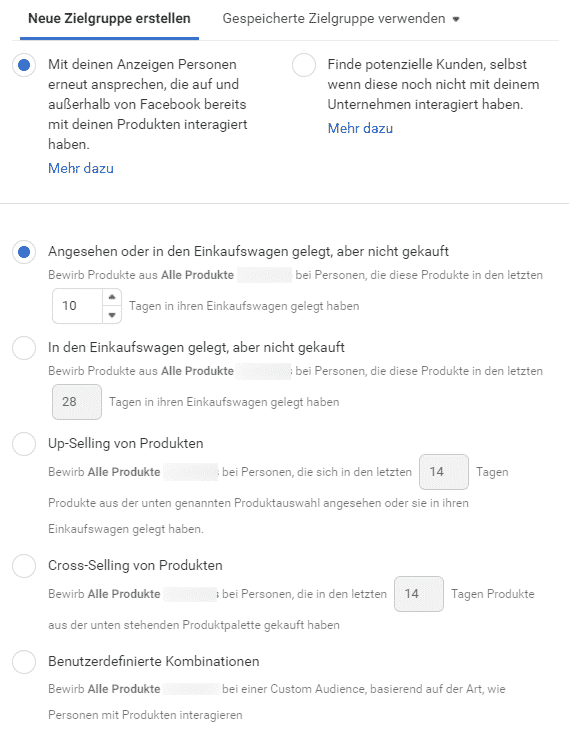 Zielgruppenauswahl in Facebook Ads: Retargeting und dynamische Anzeigenoptionen für E-Commerce.