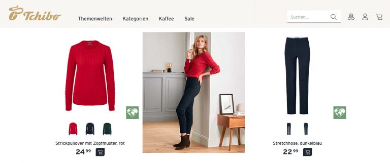 Tchibo Produktseite mit Strickpullover und Stretchhose im Angebot