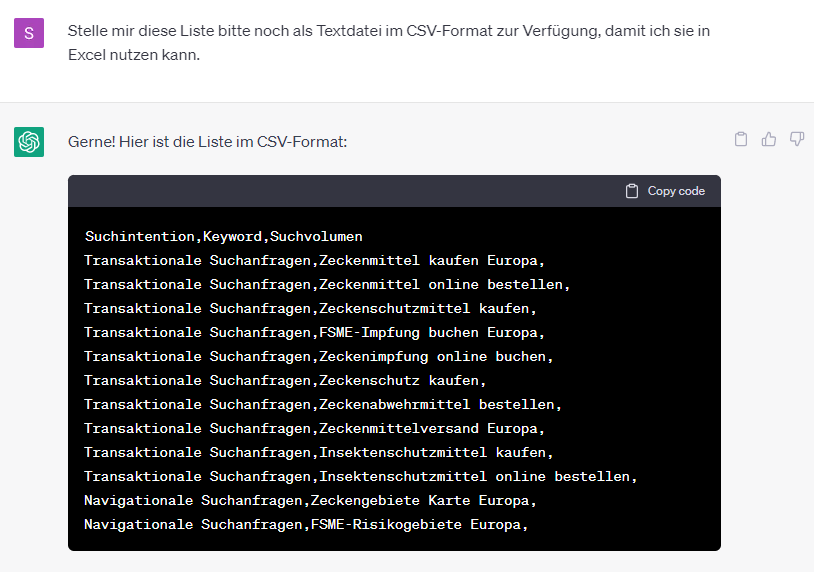 Formatierung der Keyword Recherche mit ChatGPT