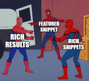 Meme mit Spider-Man-Figuren, die sich gegenseitig beschuldigen, mit den Beschriftungen „Rich Results“, „Featured Snippet“ und „Rich Snippets“