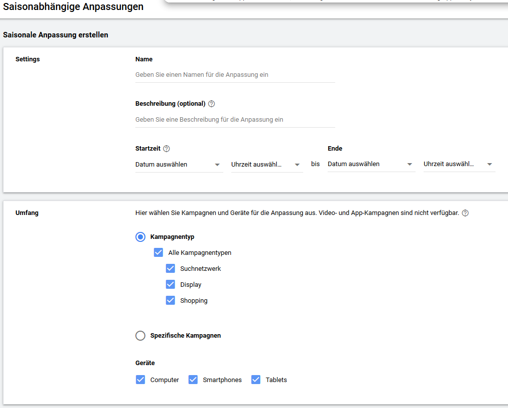 Google Ads-Oberfläche zeigt Einstellungen für saisonale Anpassungen bei Kampagnentypen und Geräten