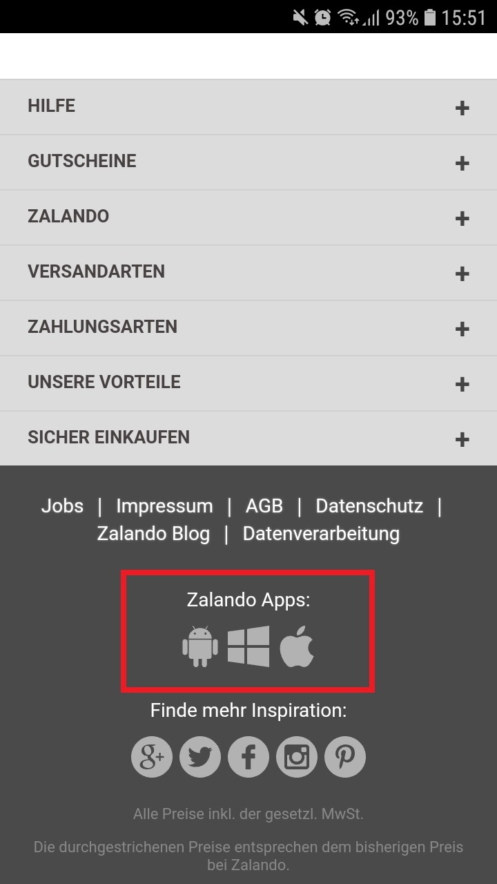 App-Verlinkung im Footer von Zalando.de (mobil)