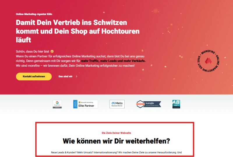 Screenshot der morefire Webseite mit Kasten um den Inhalt, der als Below The Fold bezeichnet wird