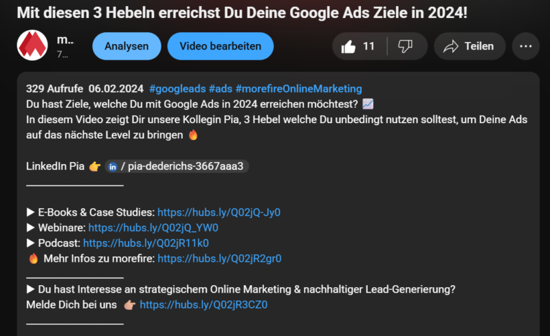 Screenshot einer Description eines YouTube Videos des morefire Kanals