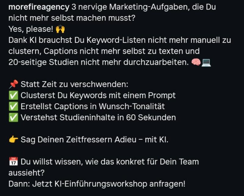 Screenshot einer Beschreibung eines Instagram Bilds mit Text und Emojis