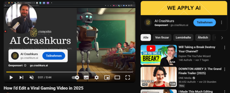 Screenshot einer Bumper Ad vor einem Video