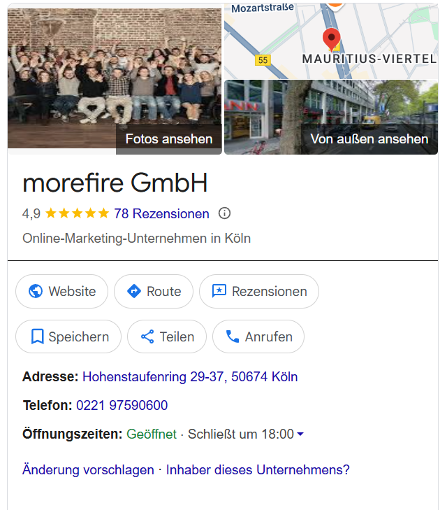 Screenshot des Google My Business Profils von morefire