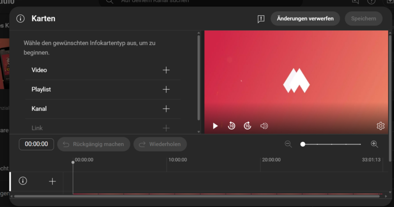 Screenshot des YouTube Dashboards mit der Option Inforkarten einzufügen
