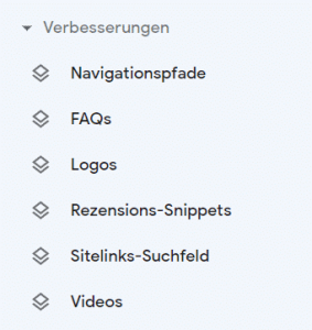 Screenshot der Google Search Console mit den Verbesserungsoptionen wie Navigationspfade, FAQs und Videos