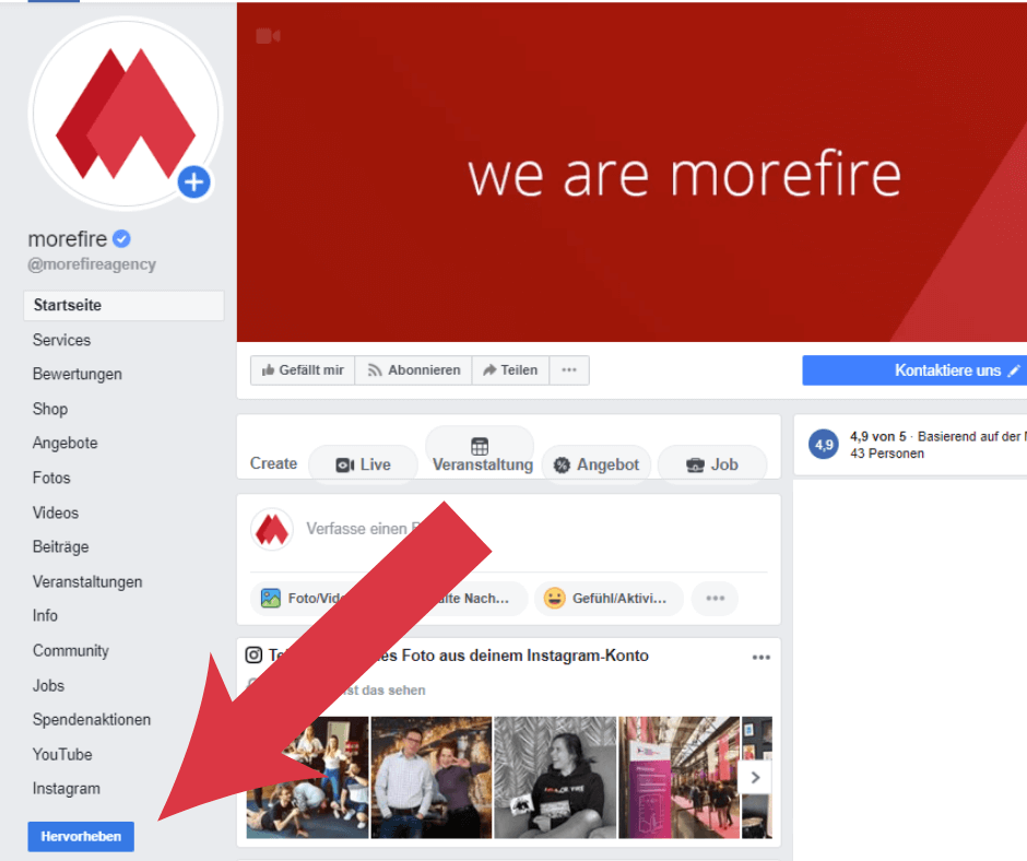 Seite hervorheben-Button auf Facebook von morefire