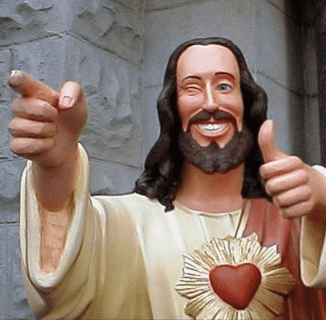 Meme mit einer Jesus-Statue, die auf den Betrachter zeigt und lächelt