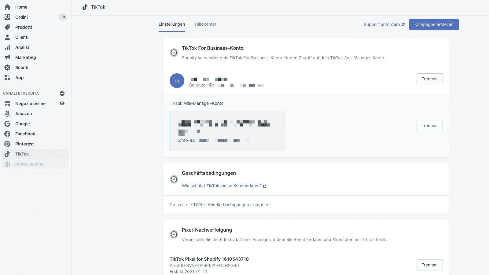 TikTok For Business Kontoeinstellungen in Shopify