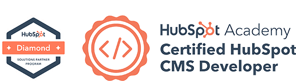 HubSpot Diamond Partner Abzeichen und HubSpot Academy Certified CMS Developer Abzeichen von Morefire, das die Partnerschaft und Expertise im HubSpot Ökosystem hervorhebt